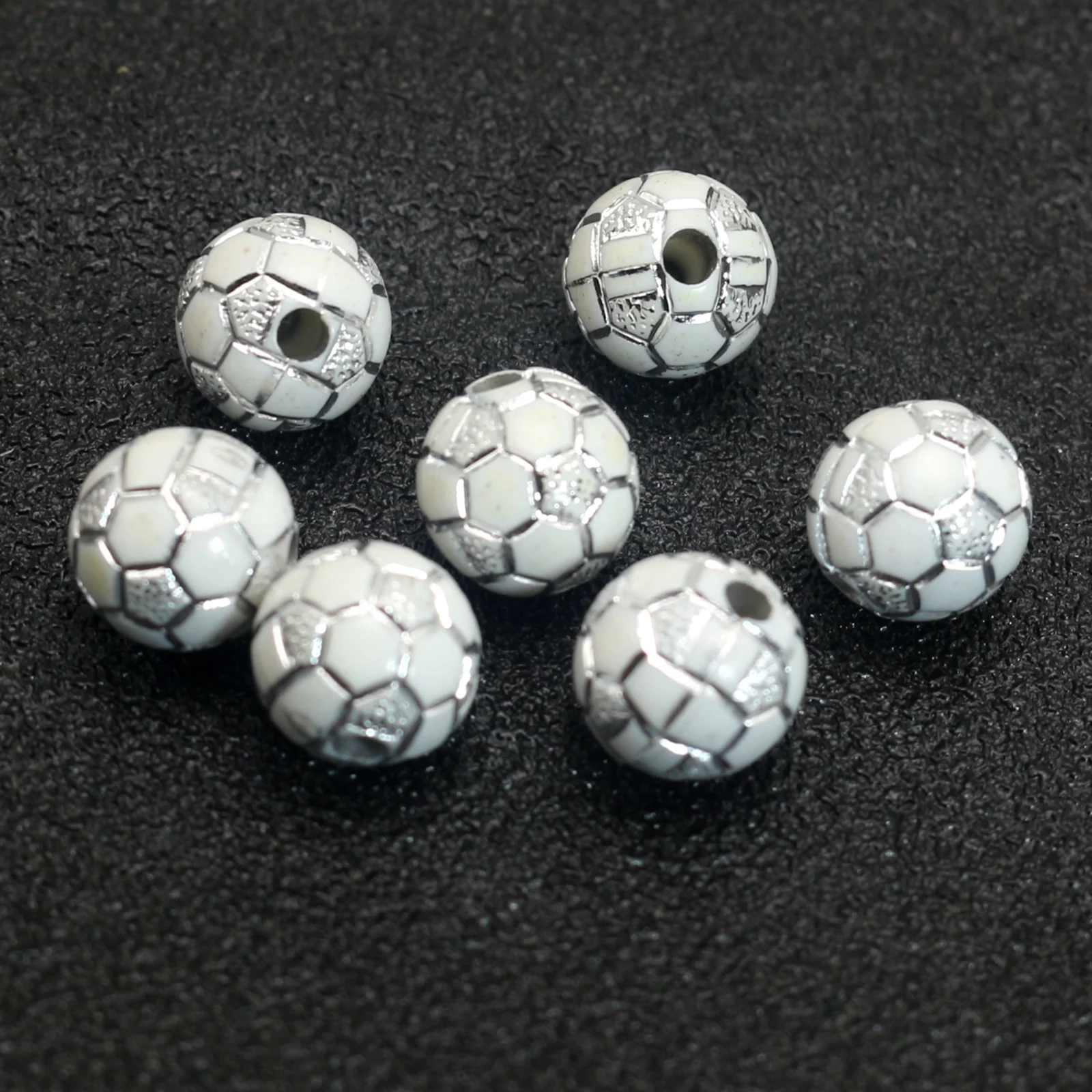100 White Sparkling  Football Soccer Pattern Acrylic Round Beads 10mm