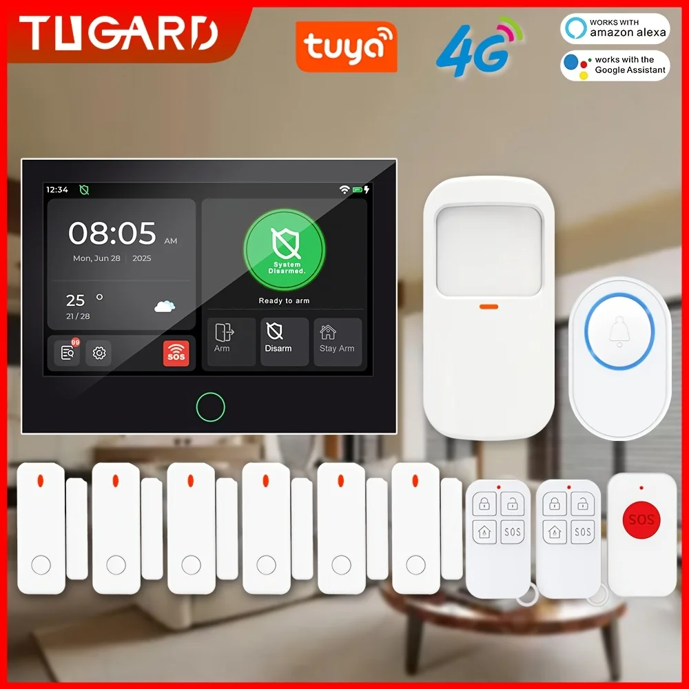 Tugard 4G WiFi GSM Hausalarmsystem mit 7-Zoll-IPS-Touchscreen-Panel, Tuya-kompatibles drahtloses Sicherheitsalarmsystem, Einbruchschutz