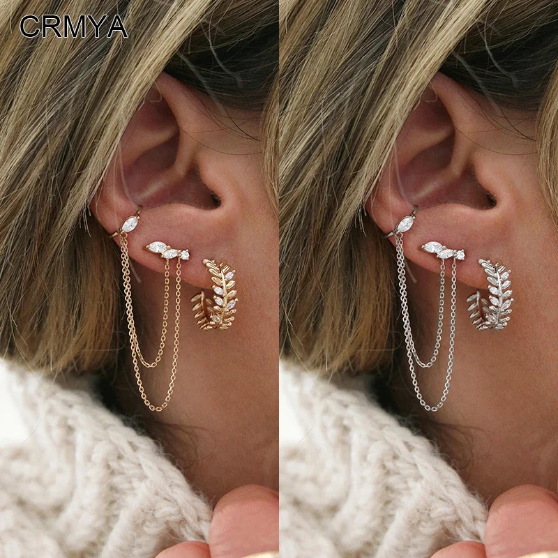 

Crmya Chain Stud Earrings for Women Gold-plated Zirconia Leaf Open Hoop Earring Women's Fashion Jewelry Accessories Wholesale