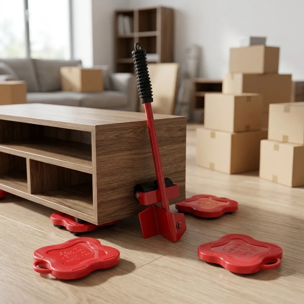 Functional Furniture Mover Kit Designed for Single User Operation With Lever Mechanism and Low Friction Wheel System on Floors