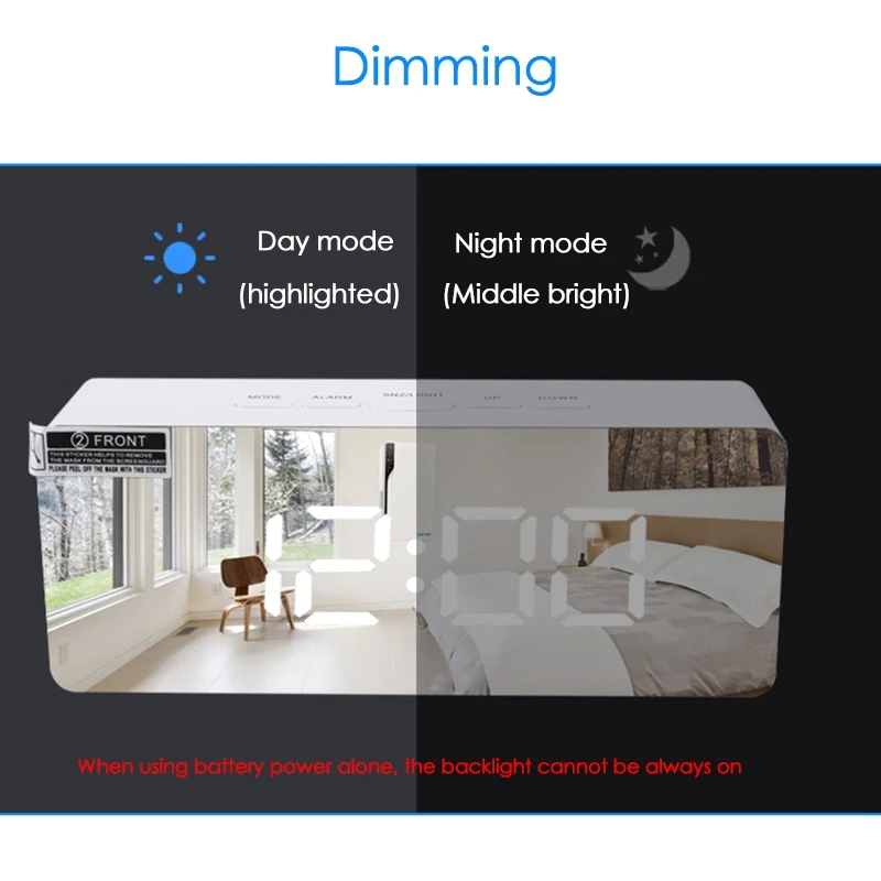 Cyfrowy budzik LED z funkcją drzemki z lustrem i regulowanym wyświetlaczem jasności i temperatury