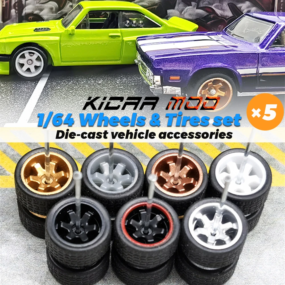 1/64 Wheels with Fixed Black Rubber Tires Six Spoke for Toy Model Diecast Cars Refitting Parts for MINIGT (5 Sets for 5 Cars)