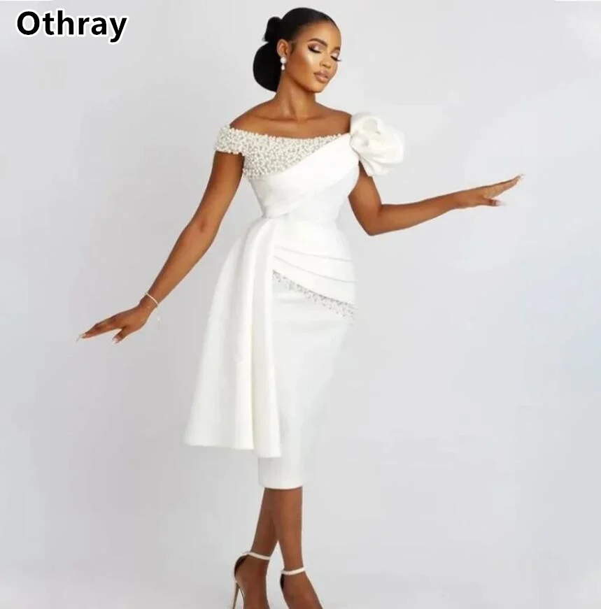 Othray Satin Pearls Short Wedding Dresses Pleats Off the Shoulder Evening Dresses Luxury Party Dresses Wedding Guest Gowns