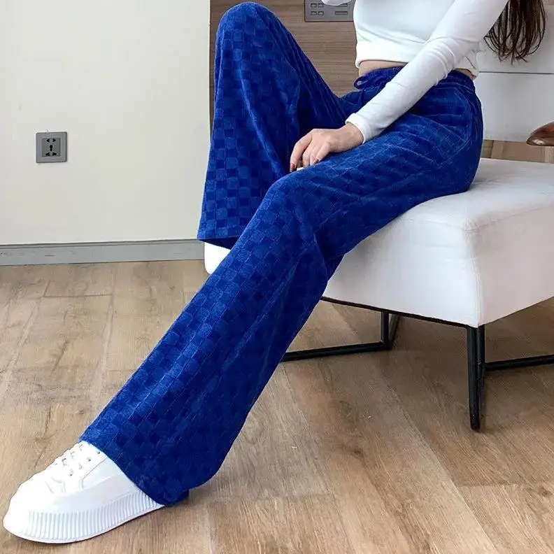 Checkerboard wide-leg pants women\'s new spring Klein blue plaid casual pants Chenille straigh