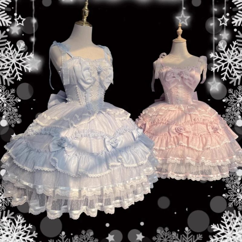 فستان ربيع جديد 2025 بفيونكة لطيفة ورائعة بحافة من الدانتيل بطول الركبة فستان أصلي بحمالات للأميرة لوليتا Jsk للسيدات ساخن #5