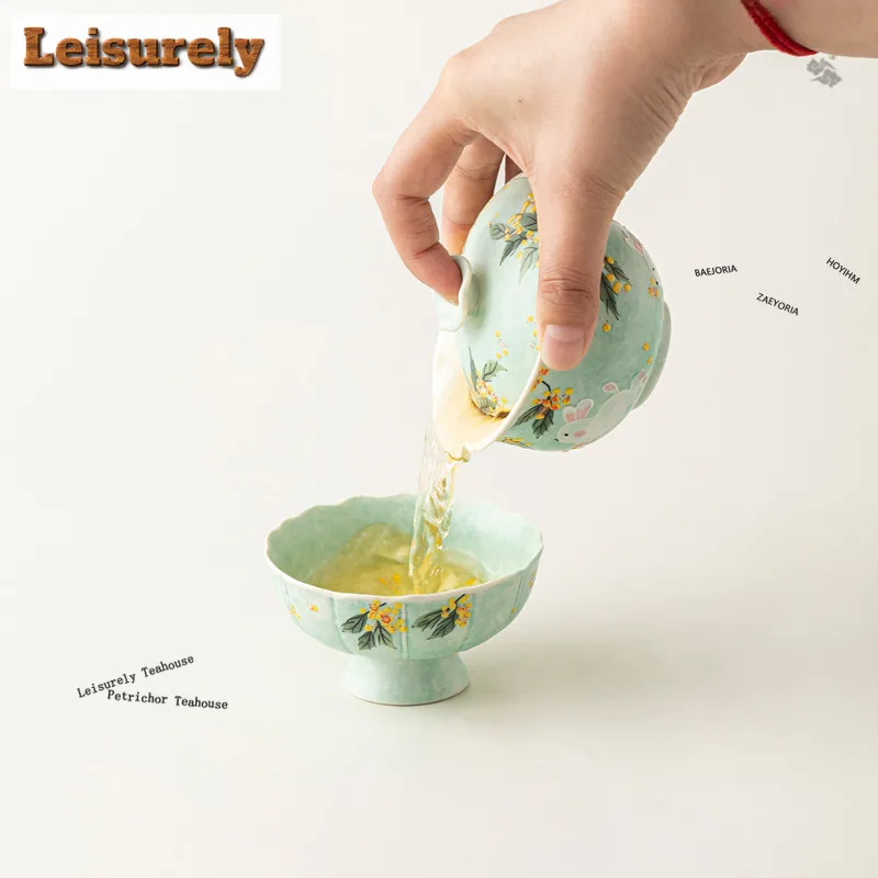 HOYIHM 175ml Relief Hand Painted Laurel Rabbit Gaiwan Handmade Tea Tureen Tea Bowl With Lid Kit Tea Maker Cover Bowl Drinkware