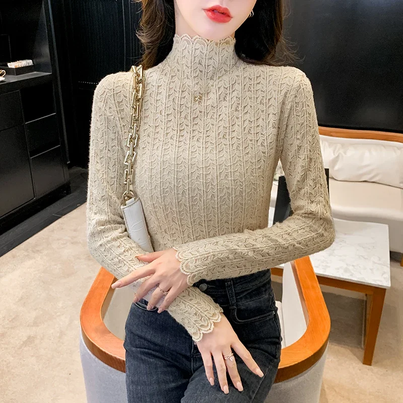 Fashion Long Sleeve Women Blouse Mock Neck Lace Blouse Shirt Women Tops Camisas Blusas Camisas De Mujer Blusas Para Mujer M670