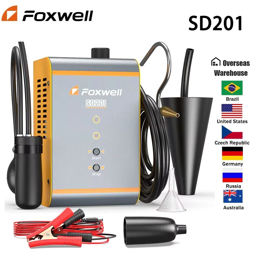 FOXWELL SD201 12V fuga de coche EVAP probador de fugas de humo máquina vacío tubo de combustible Detector de fugas de aceite herramientas de
