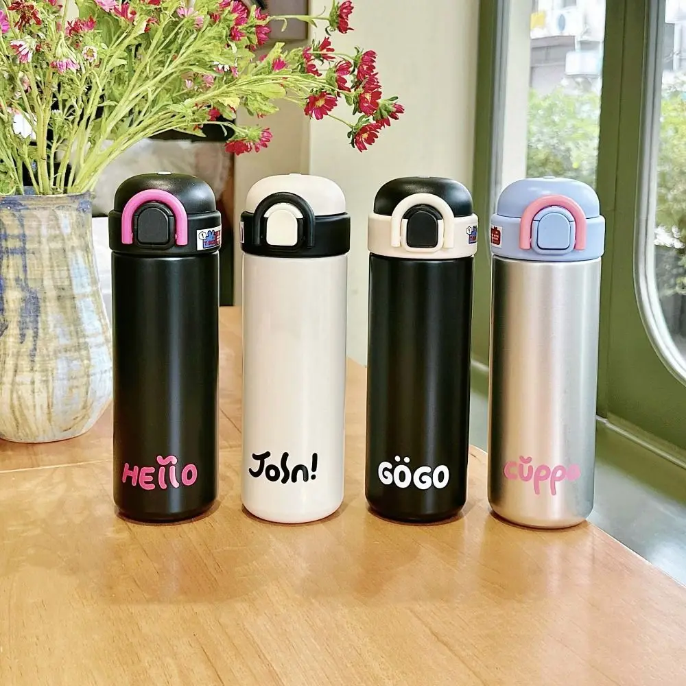 

Bounce Lid Pink Black Thermos Bottle 500ml Stainless Steel Thermal Water Bottle Korean Foldable Ring Handle Thermos Cup Juice