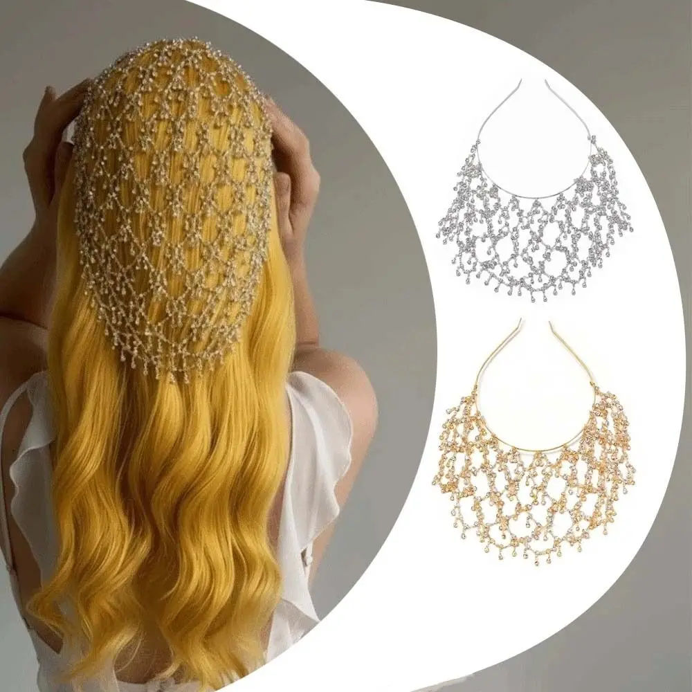 

Bar Mitzvah Crown Hair Hoop Head Chain Bride Tiaras Net Shape Grid Rhinestone Hair Band Korean Style Hair Accessories