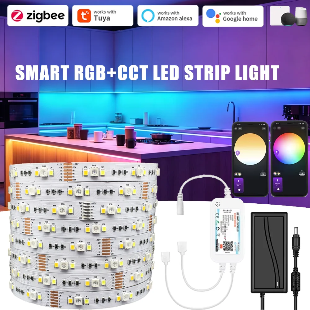 Tuya Zigbee 3.0 24V 2835 5050 SMD LED Strip RGBCCT Flexible LED String Light Home Decor Tuya Zigbee APP control for Alexa Google
