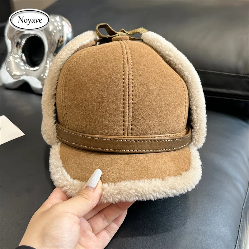 New Winter Men's Genuine Leather Hat Men Fur Lamb Wool Warm Thick Earflaps Bomber Hats Men's Baseball Cap Sheepskin Russian hats