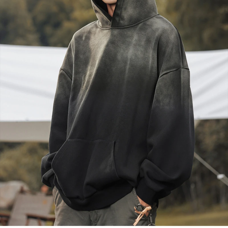 American Vintage Aged Washed Hooded Sweatshirt Gradient Color Heavyweight Top Street Loose Hoodie Men Women Clothing