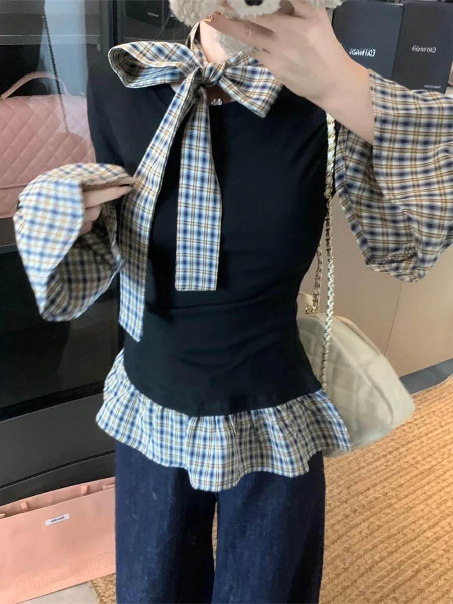 Cseta Fena de Manga Longa com Estampa Xadrez e Detalhes Florais, Estilo Coreano, E para o Dia a Dia