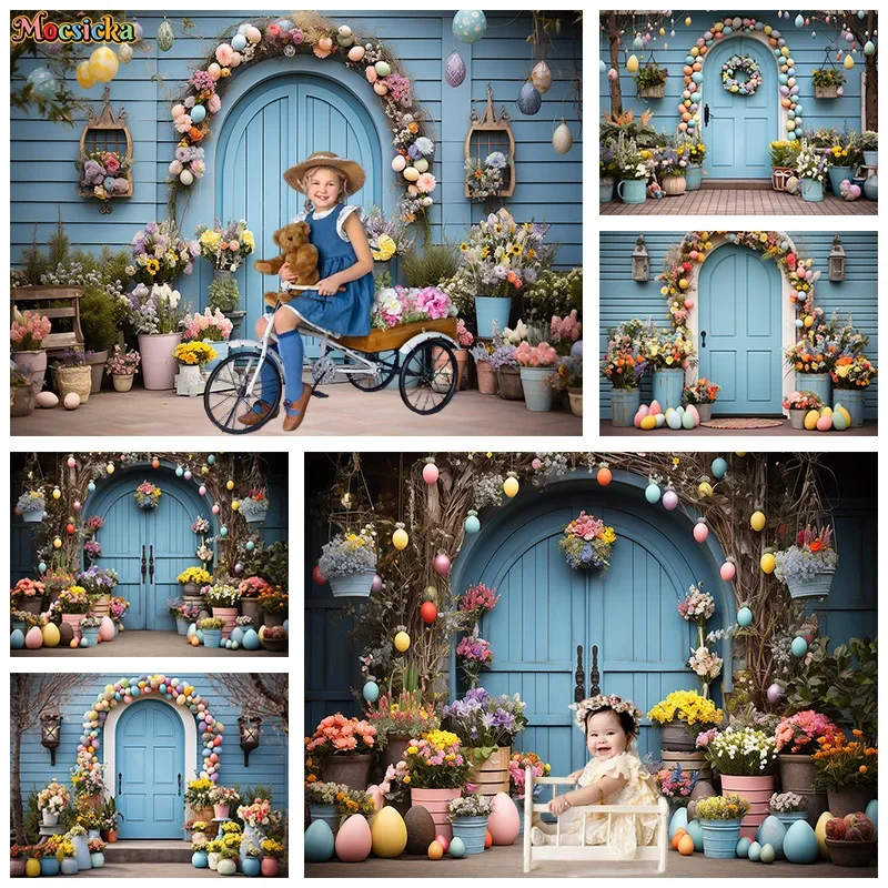 

Mocsicka Spring Easter Party Photography Background Kids Happy Birthday Floral Blue Wooden Door Backdrop Cake Smash Studio