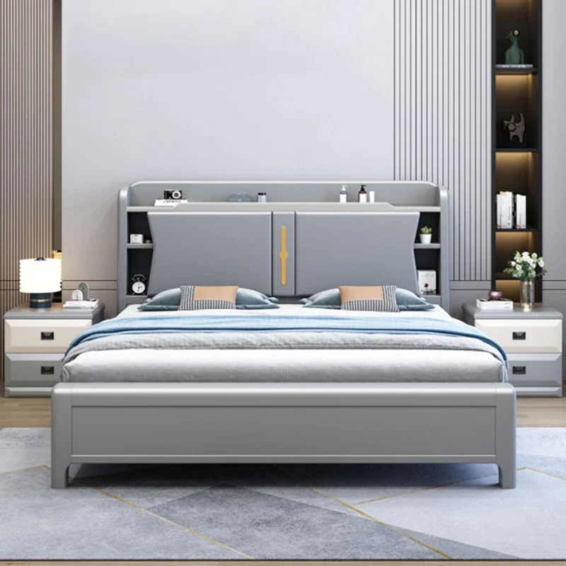 

Серая двуспальная кровать в скандинавском стиле с водонепроницаемым основанием для хранения, полноразмерная, с деревянным каркасом в форме замка, мебель для дома
