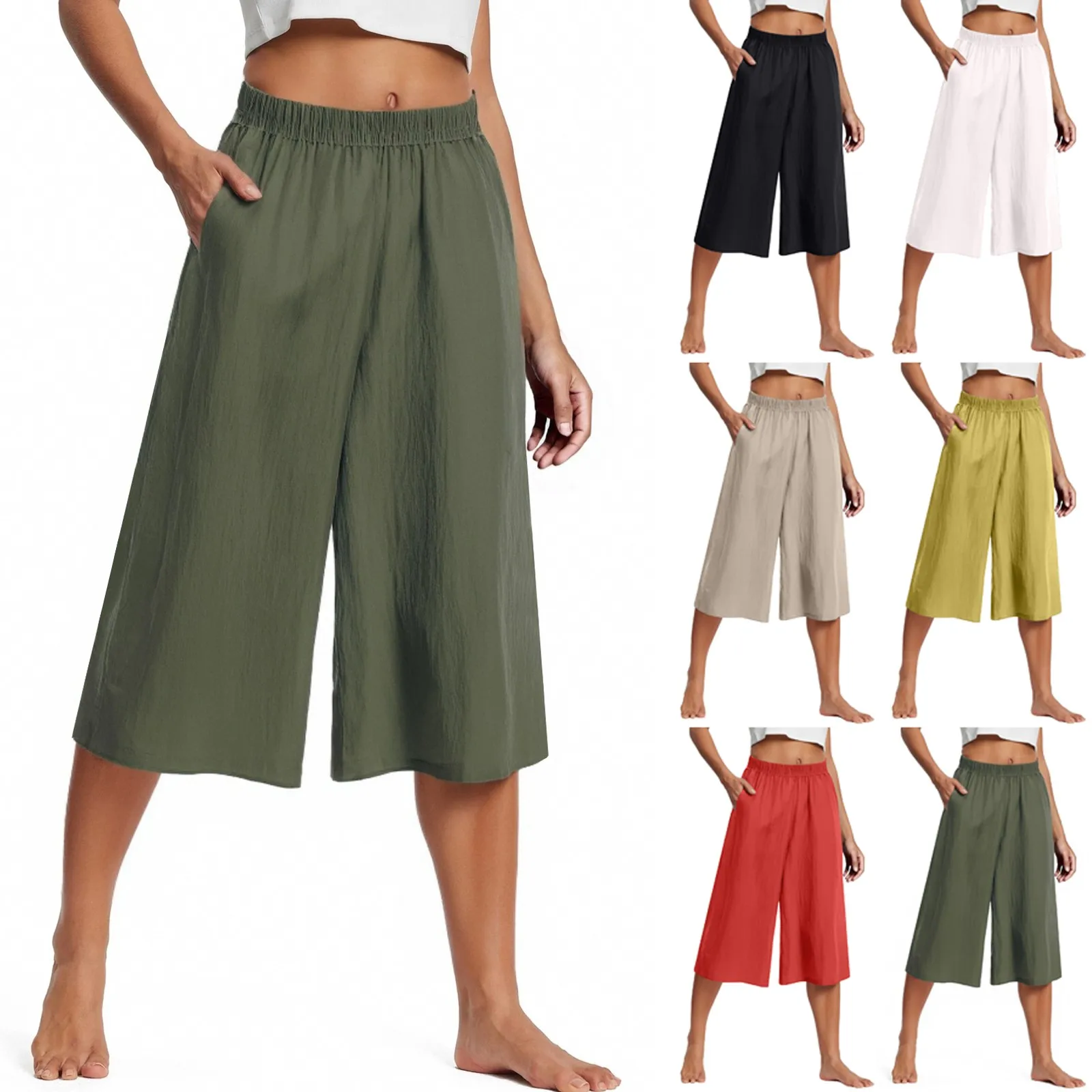 Feamle Casual and Versatile Lazy Style Wide Leg Pants With Pockets Lightweight High Waisted Loose Cropped Capris