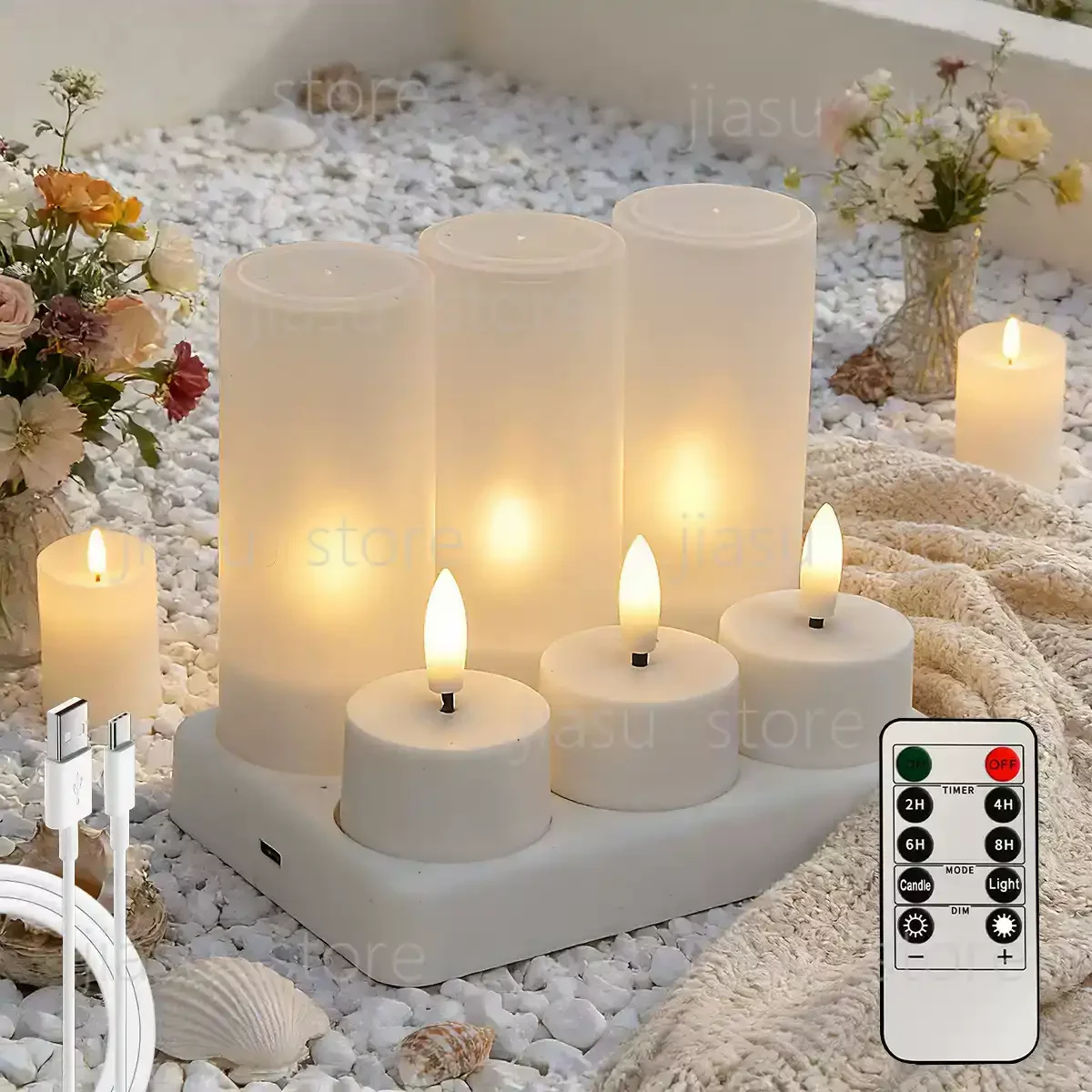 

T43C 6Pcs Rechargeable Flameless Tea Lights | With Charging Station, Remote & Timer (Battery-Powered)