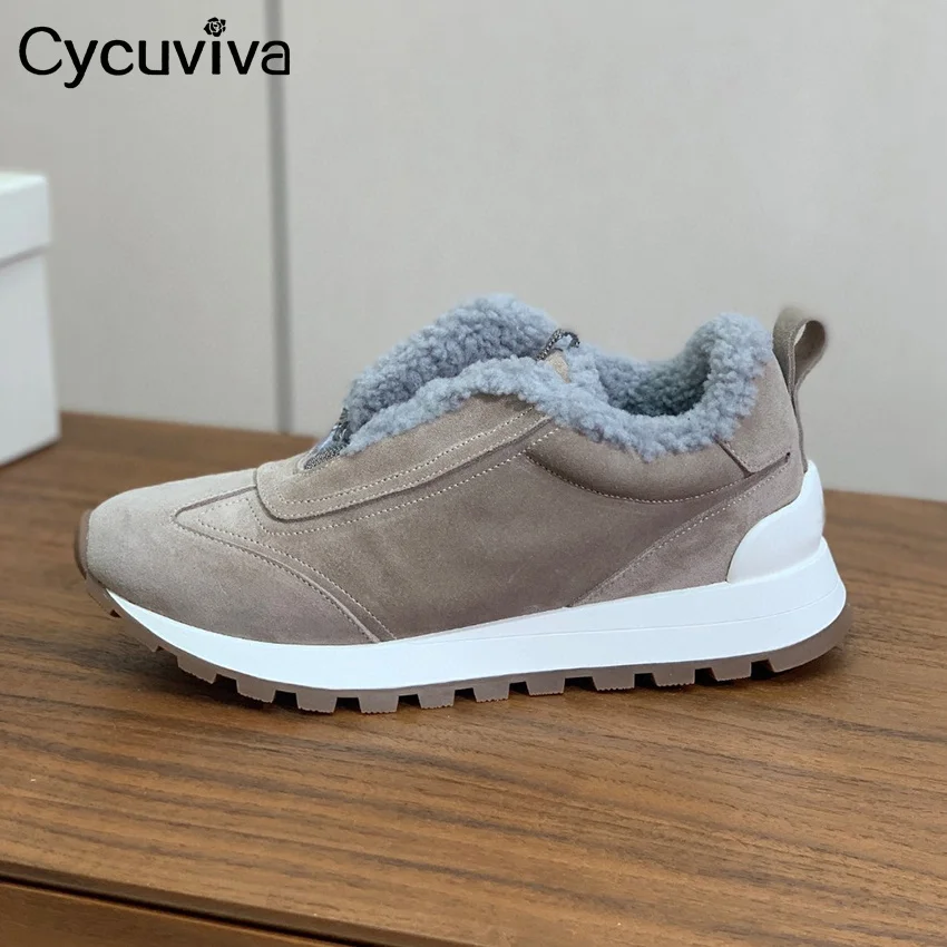 Winter New Warm Comfortable Flat Sneakers Women Thick Sole Suede Wool Walking Shoes Casual Party Vacation Fur Shoes For Woman