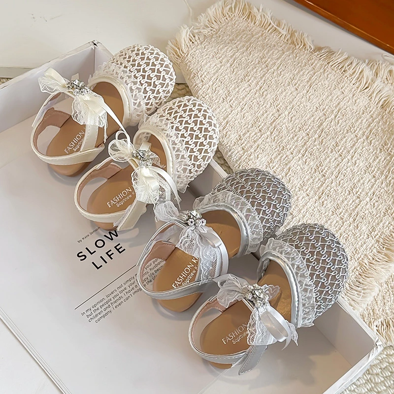 Girls Half Sandals Children Toes Capped Princess Sandals with Lace Bow Soft Sole Anti-slip Kids Summer Dress Shoes Size 21-30