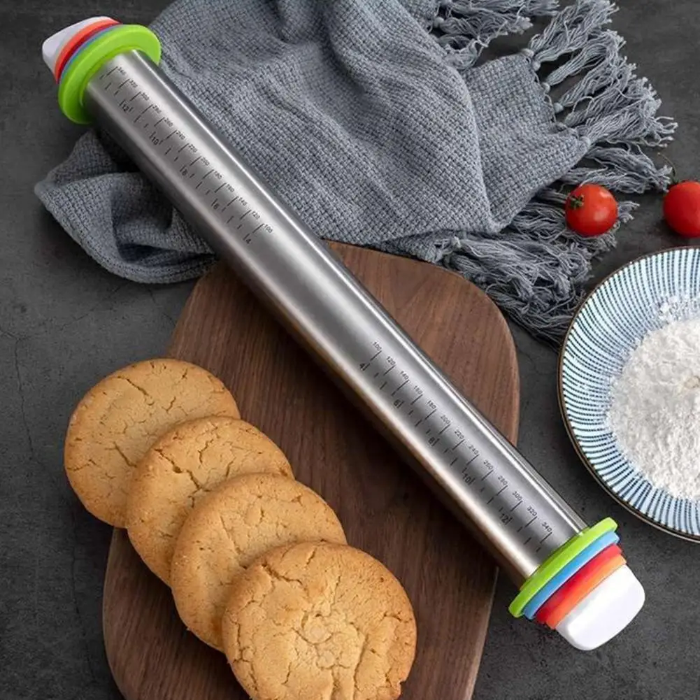 Stainless Steel Rolling Pin with Thickness Rings for Baking Adjustable Dough Roller for Fondant Pizza Pie Pasta Kitchen Baking S