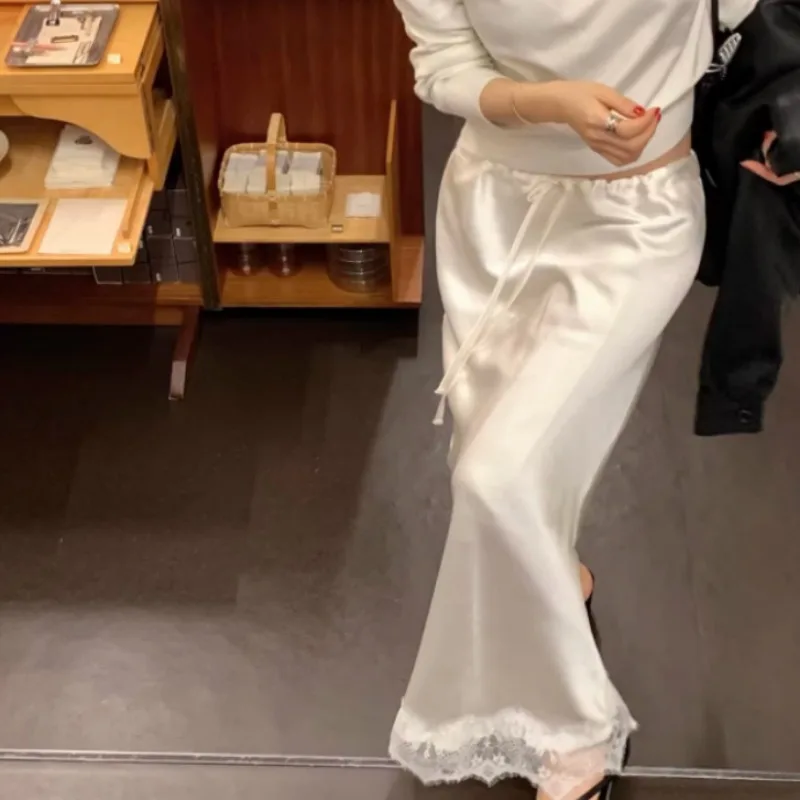 Summer 2026 Chic Casual Style Milk Silk Lace Splice Knot Half Skirt Women's High Waist Pleated Skirt Embroidery Straight Cut