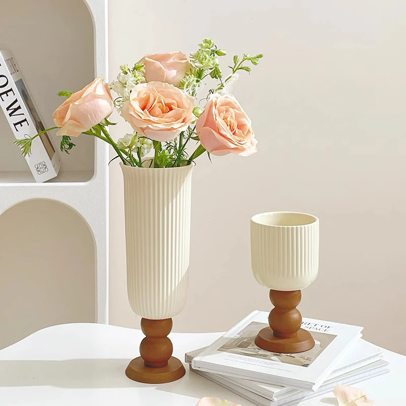 Cream Style High Footed Solid Wood Base Ceramic Vase, Creative Ceramic Dried Flowers Gardening Home, Living Room Decoration, 1Pc