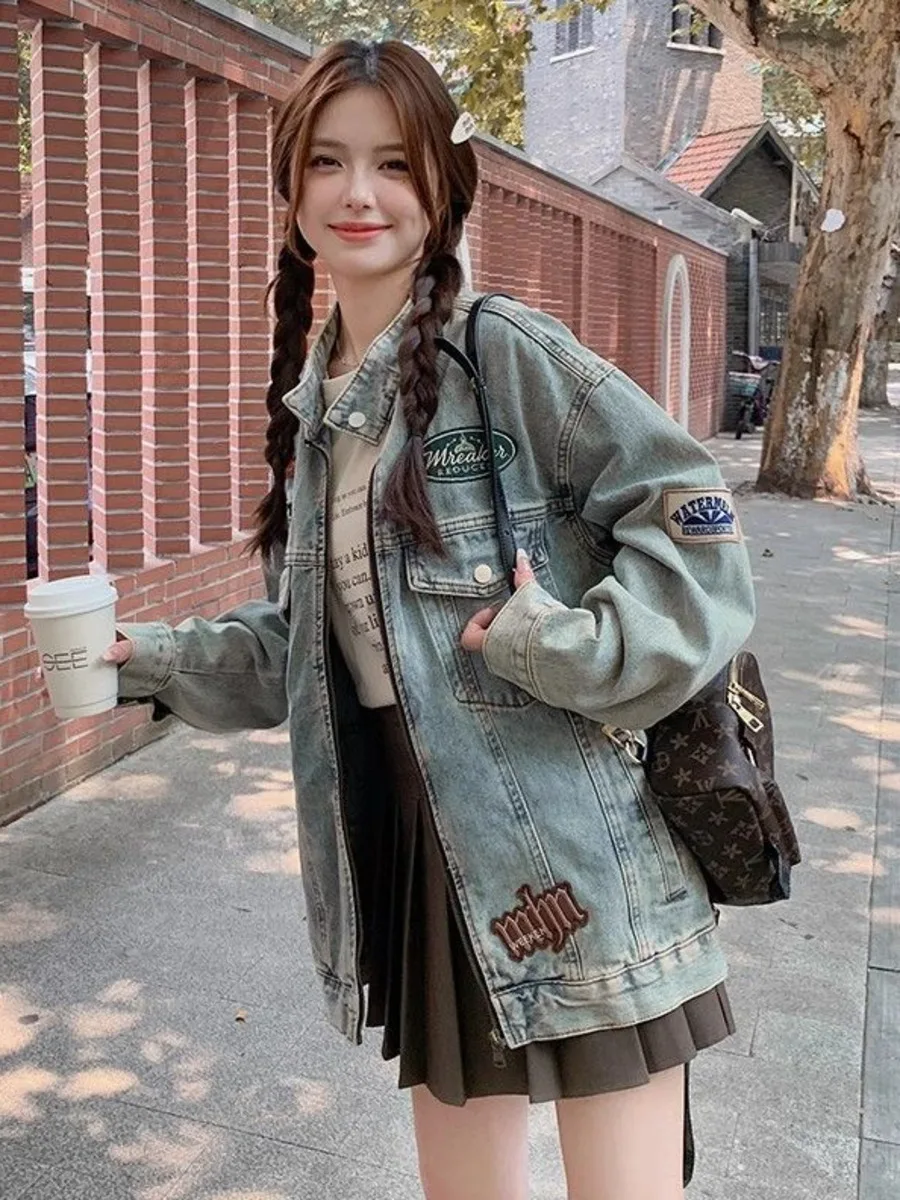 

Vintage American Punk Denim Jacket for Men Women Spring Autumn Casual Loose Zipper Coat Top Edgy Fashion Outerwear