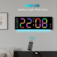 RGB LED Wall Clock with Remote Control Ambient Light for Living Room Decor Color Changing Electric Timer Alarm Clock with TEMP