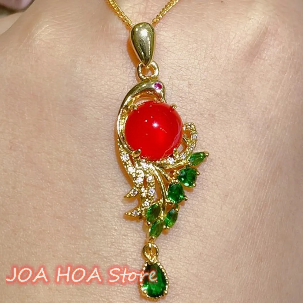 

Latest 925 Silver Gold Plated Inlaid Natural A graed Chalcedony Pendant Peacock Necklace Real Certified Jade Chain FINE Jewelry