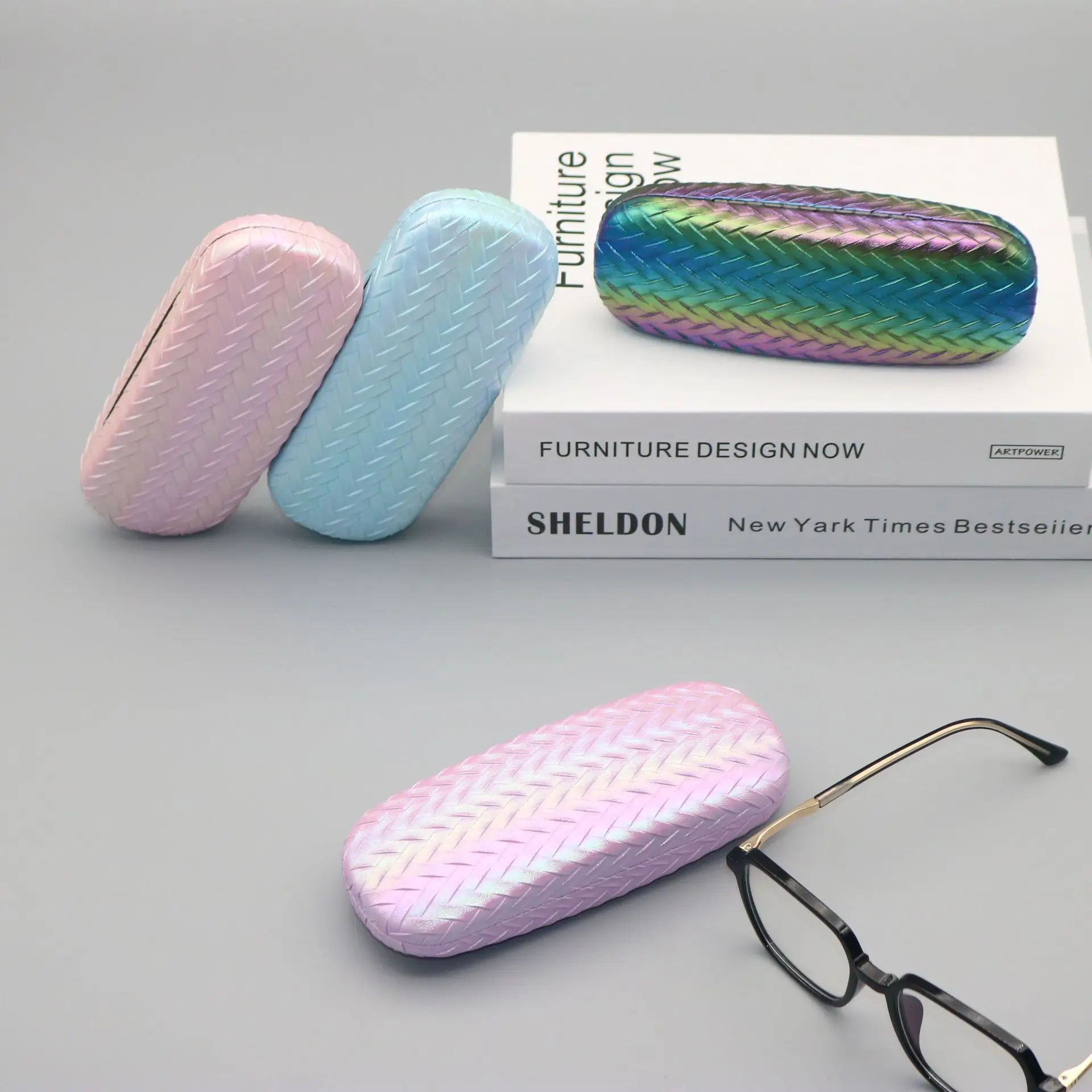 Fashion Color Gradient Woven Glasses Case Optical Leather Storage Mirror In Metal Iron Box Eyewear Protector Glasses Holder