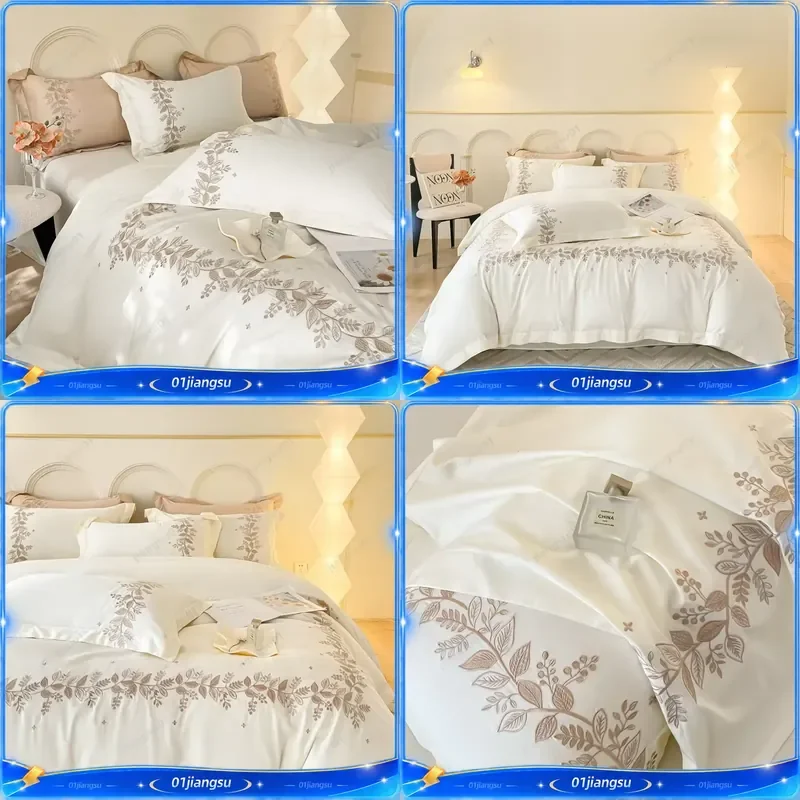 100% Egyptian Cotton Duvet Cover Set Luxury Bedding Chic Embroidery Quilt Cover Fitted Sheet Pillowcases 4Pcs Home Textile