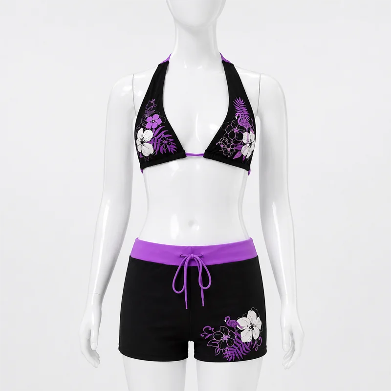 Women Floral Bikini Set Halter Triangle Top Drawstring Boyshort Bottom Two Piece Sexy Beach Swimwear Summer Vacation 2026 image 5