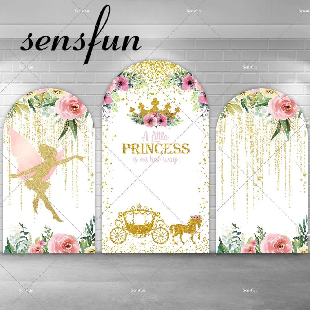 

Sensfun Fairy Floral Carriage Gold Glitter Arch Backdrop Cover for Princess Girls Baby Shower Birthday Party Chiara Background