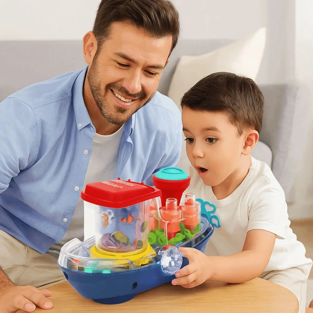 Barca elettrica in movimento per auto meccanica con ingranaggio trasparente in plastica educativa per bambini, nave musicale per ragazze/ragazzi