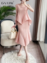 GVUW Pleated Two Piece Sets Women Round Collar Sleeveless Top + A Line Loose Skirt New Solid Color 2024 Female Casual 17G6758