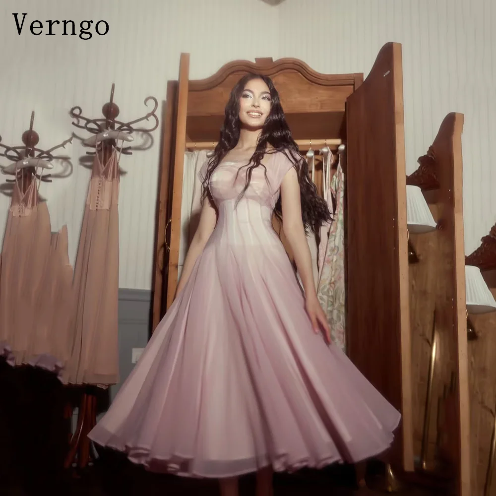 

Verngo Pink Tulle Evening Dress Square Collar A Line Bone Formal Occasion Dress Tea Length Prom Party Gown Customized