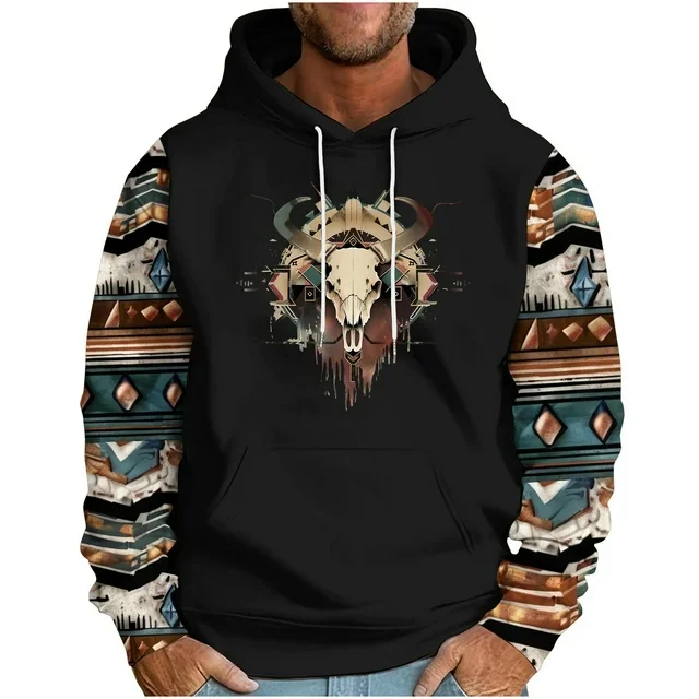 캐주얼 후드 스웨트셔츠 민족 기하학 3D 프린트 후디 카우보이 후드 긴팔 스웨트셔츠 오버사이즈 풀오버 남성 후디