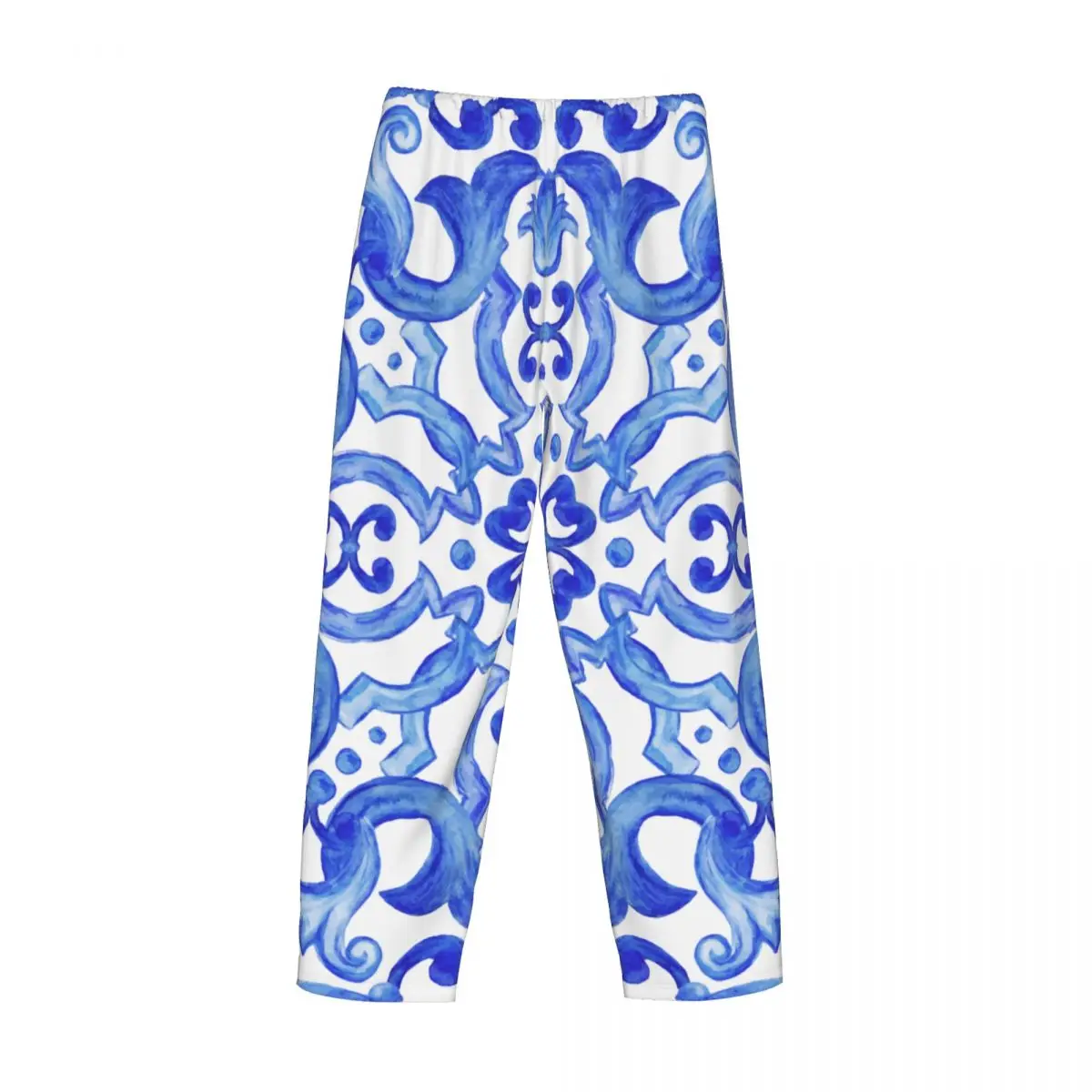 Calças de pijama estampadas personalizadas masculinas, azulejo oriental em tons de pijamas de cor azul índigo, fundo de lounge com bolsos