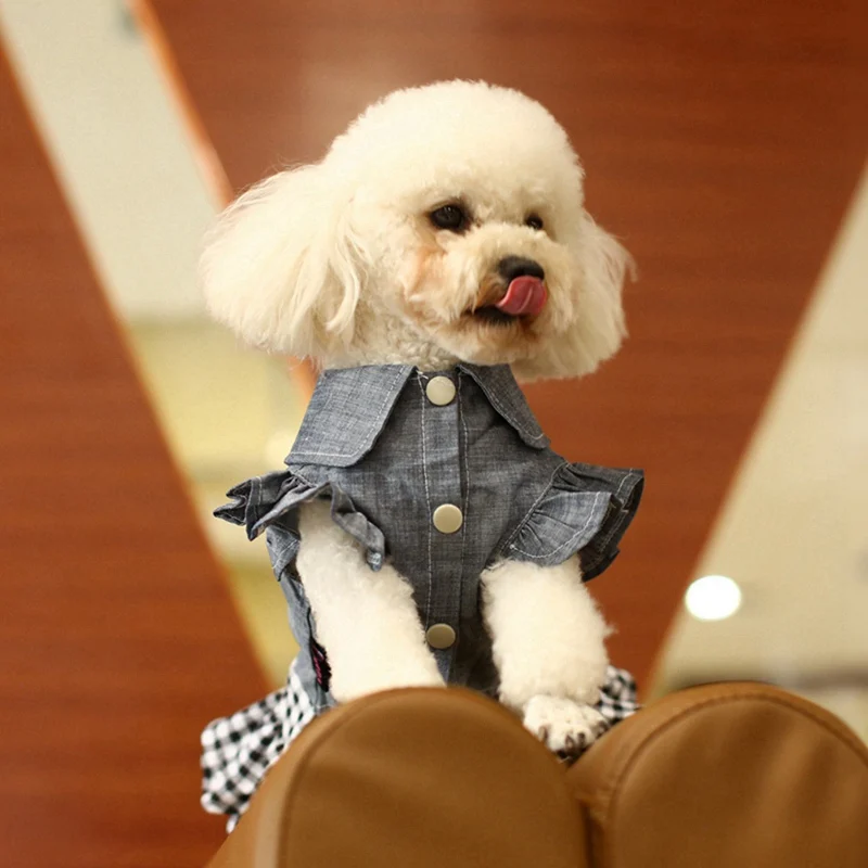 Pet Spring Summer Cowboy Clothes Dog Girls Plaid Denim Dress Small Medium Dogs Bubble Bowknot Skirt Pet Puppy Shirt Jumpsuit