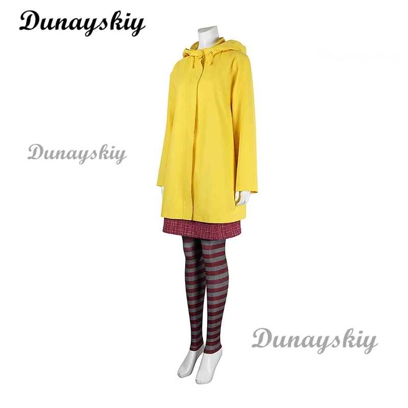 

Coraline Cosplay Yellow Coat Costume Wig Prop Horror Fairytale Movies Secret Door Adult Halloween Party Customized