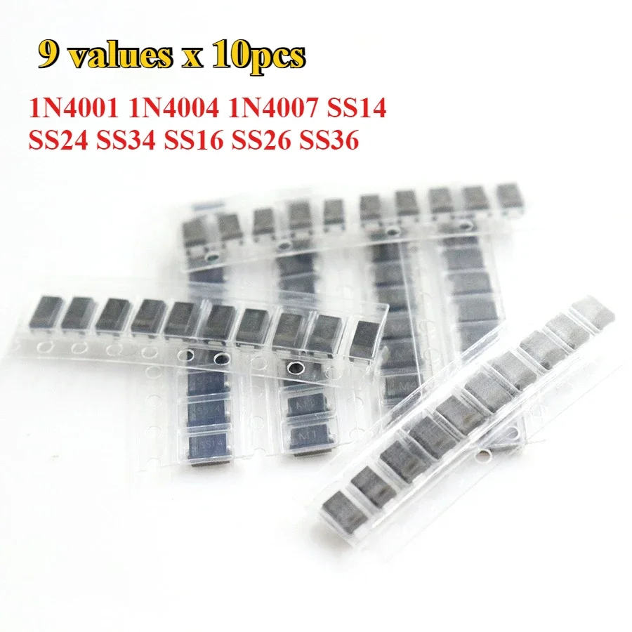 90 шт. выпрямительный диод SMD 1N4007 1N4001 1N4004 SS14 SS24 SS34 SS16 SS26 SS36 SMD диод Шоттки в ассортименте