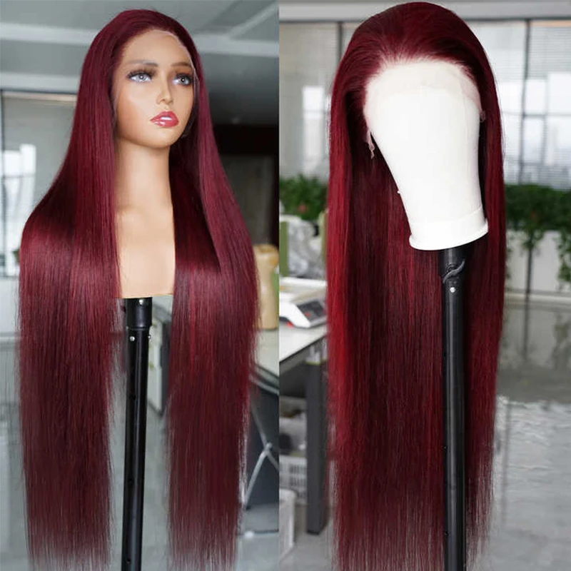 

30Inch 99J Burgundy Straight 13x4 Lace Frontal Human Hair Wig 99J Red Transparent Colored 200% Human Hair Wig For Women