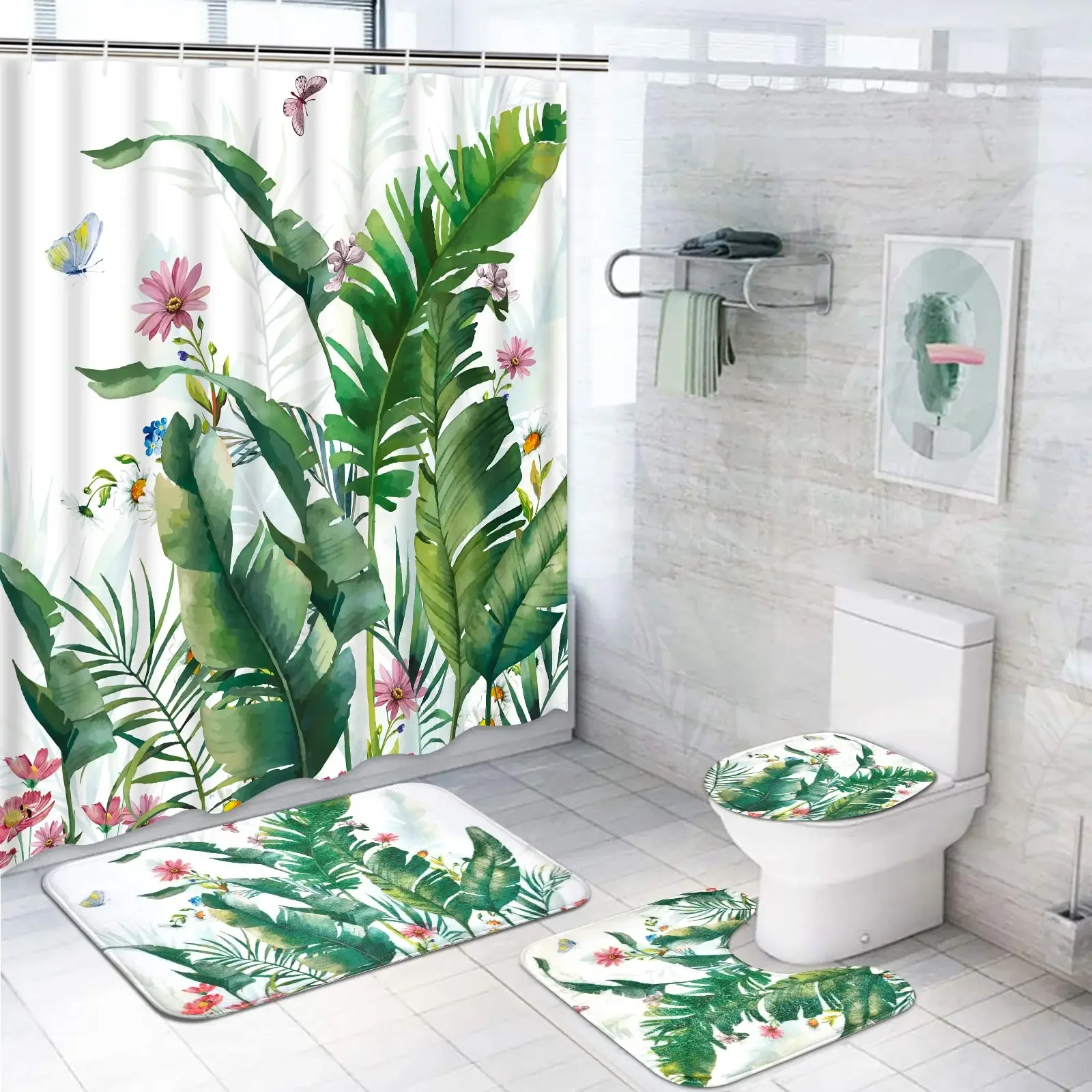 

Banana Leaf Shower Curtain Set Non-Slip Rug Bathroom Accessories Tropical Palm Plant Botanical Floral Green