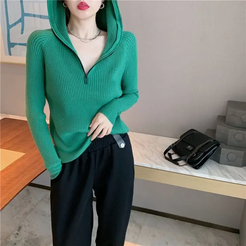 

Hooded Full Zip Up Sweatshirt for Women Plain Baggy Spring and Autumn Hoodies Green Sweater Woman Tops Loose Youthful Clothes E