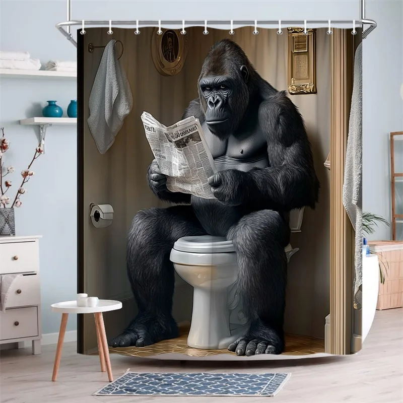 Realistic Gorilla Reading Newspaper Shower Curtain for Bathroom Decor - Fun Jungle Shower Curtain Liner