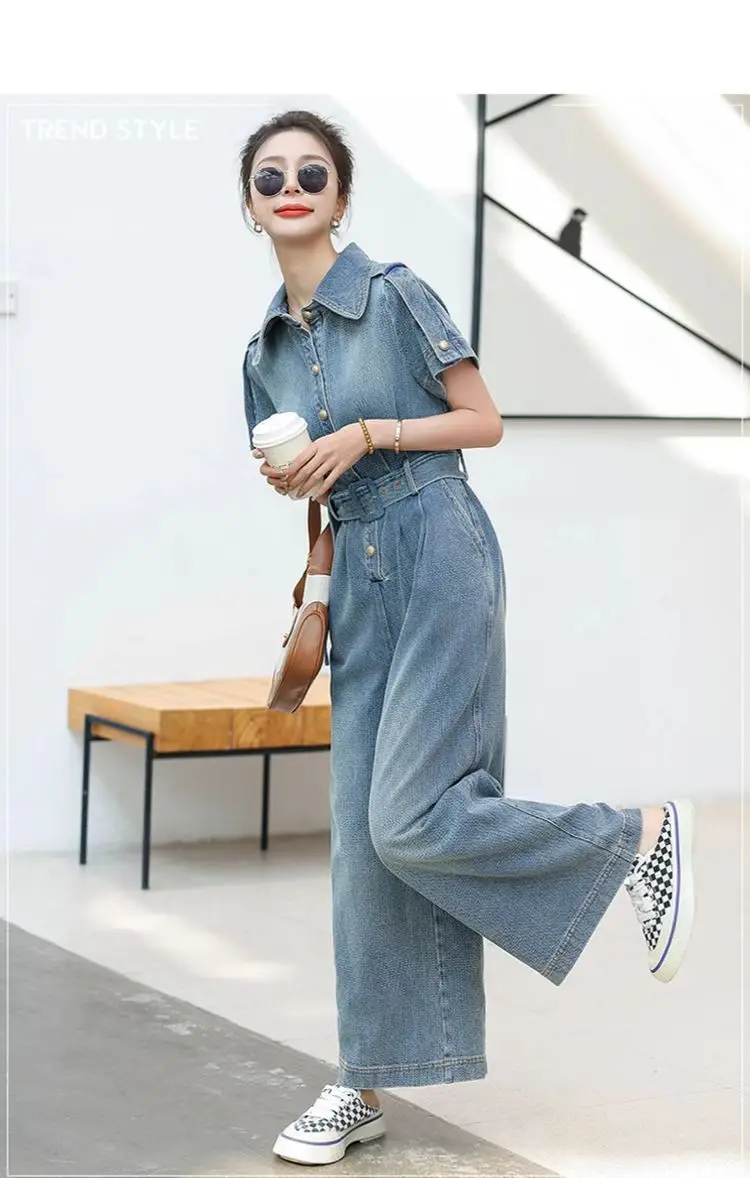 Denim Jumpsuits Vintage Upscale Women Blue Wide Leg Temperament Elegant Short Sleeve Lapel Collar Streetwear Rompers Fashion New