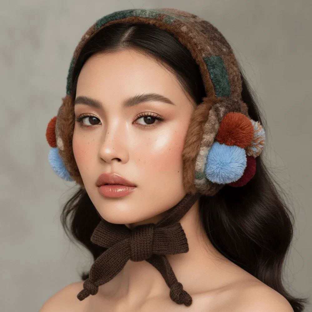 Brown Retro Knit Earmuffs Soft Thickened Lace Up Ear Warmer Lightweight Color Block Tie Up Ear Covers Cycling