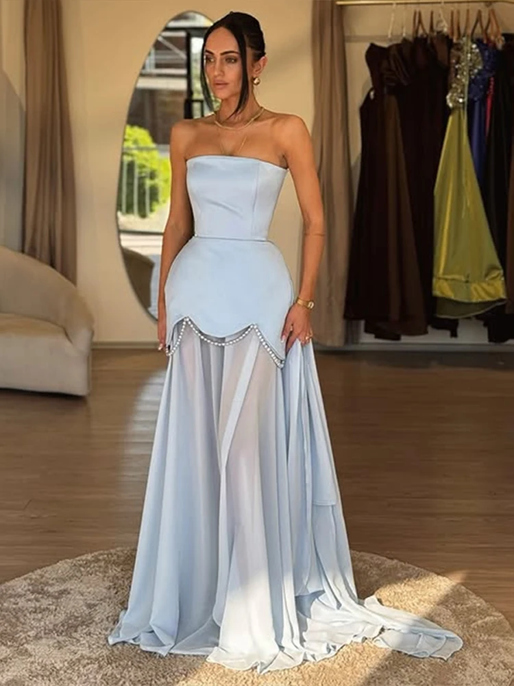 Sem alças vestidos de baile pérolas frisado sem costas uma linha chiffon ocasião especial vestido de noite 2025 vestido de festa de casamento feminino