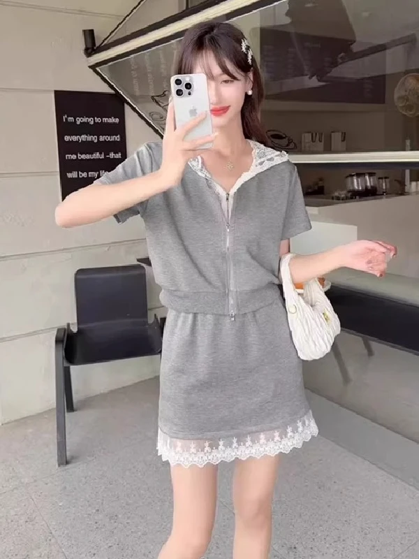 

plus Size Women's Fashionable Lace Patchwork Short Sleeve Set High Waist Half Skirt Two Piece Suit Summer Casual Korean Style
